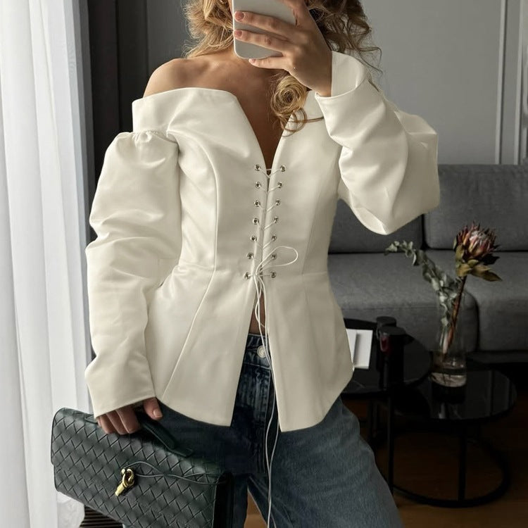 Women Sexy One Shoulder Lace Up Cardigan Top