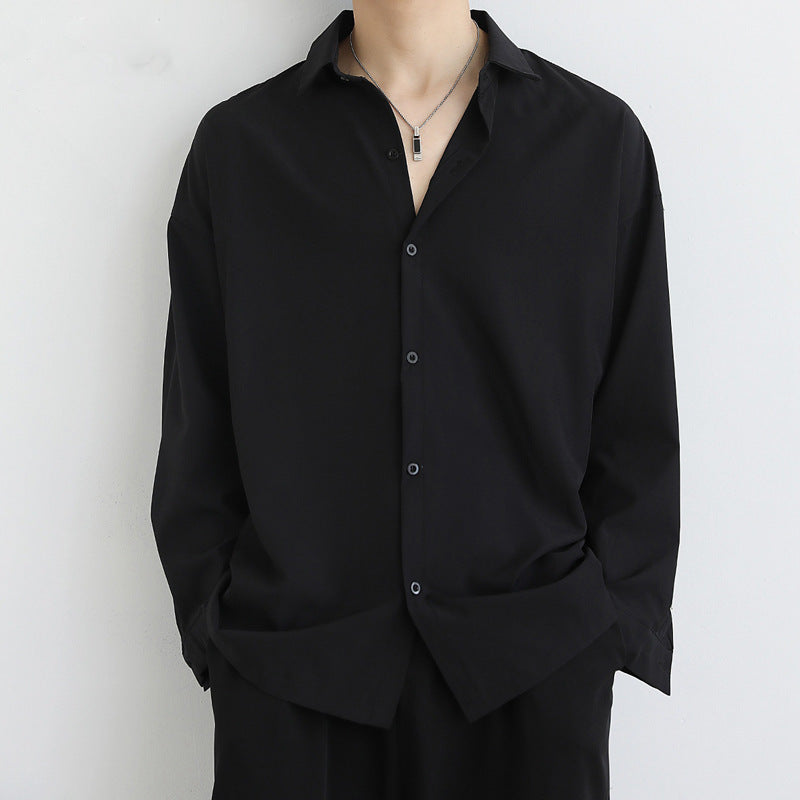 Loose Ice Silk Men's Long Sleeve Shirt in Black, White, Dark Gray