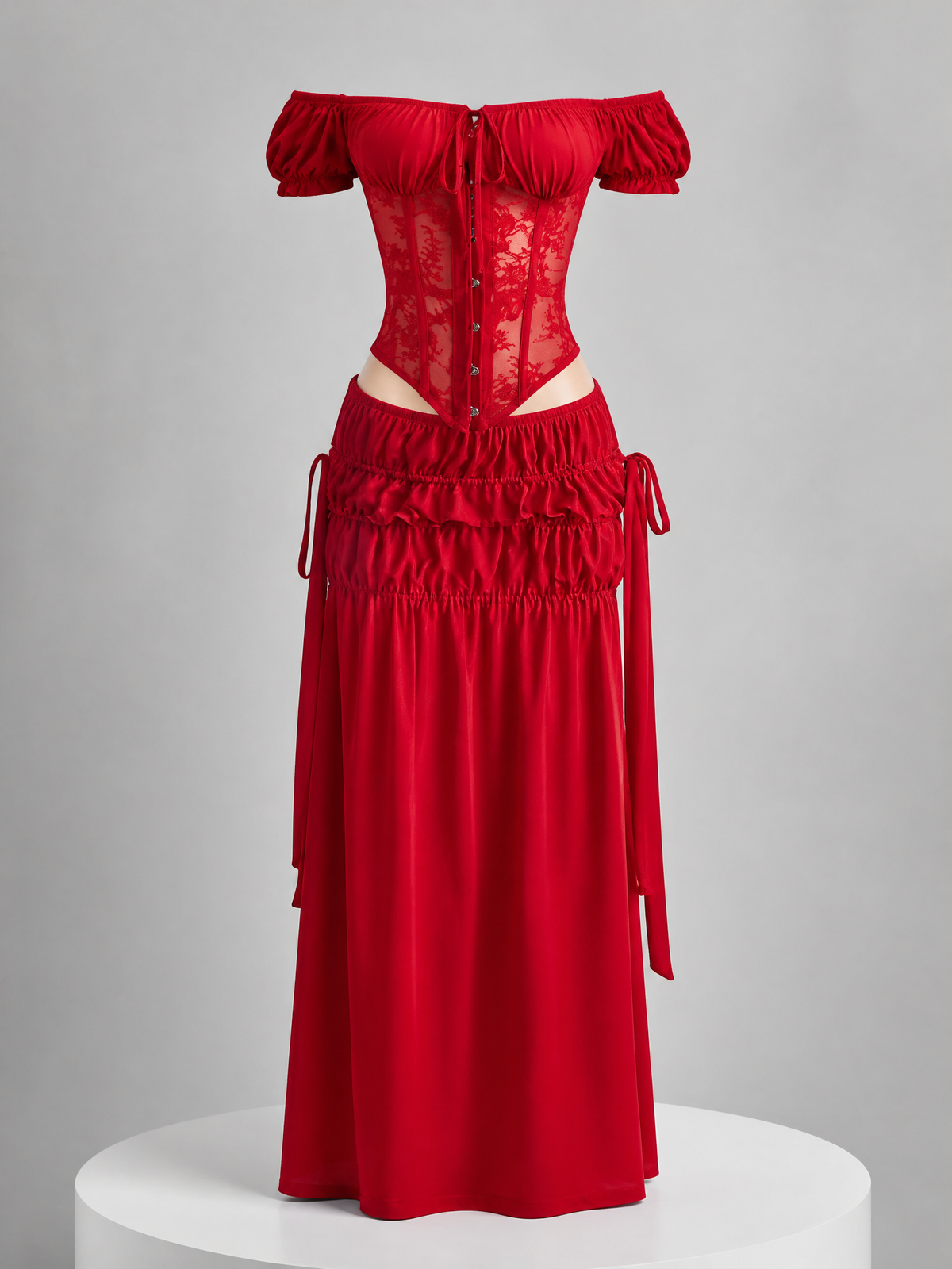 Red Lace Corset Midi Dress with Off-Shoulder Detail