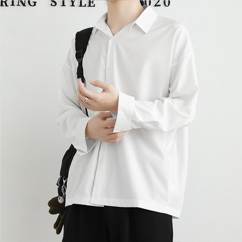 Loose Ice Silk Men's Long Sleeve Shirt in Black, White, Dark Gray