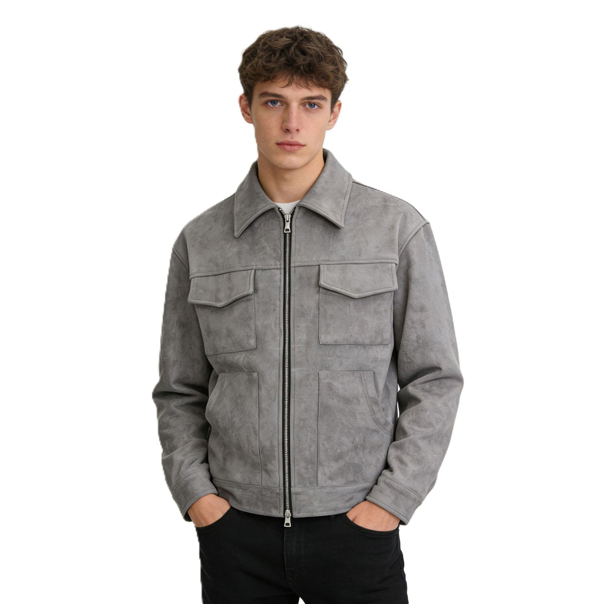 Mens Casual Suede Jacket with Lapel Collar