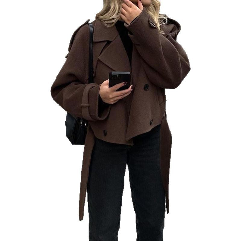 Womens Woolen Lapel Coat Short Belted Jacket