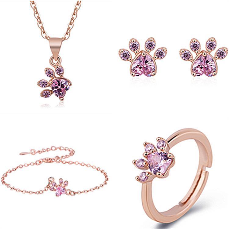 Cat Paw Heart-Shaped Necklace, Stud Earrings, Bracelet, and Ring
