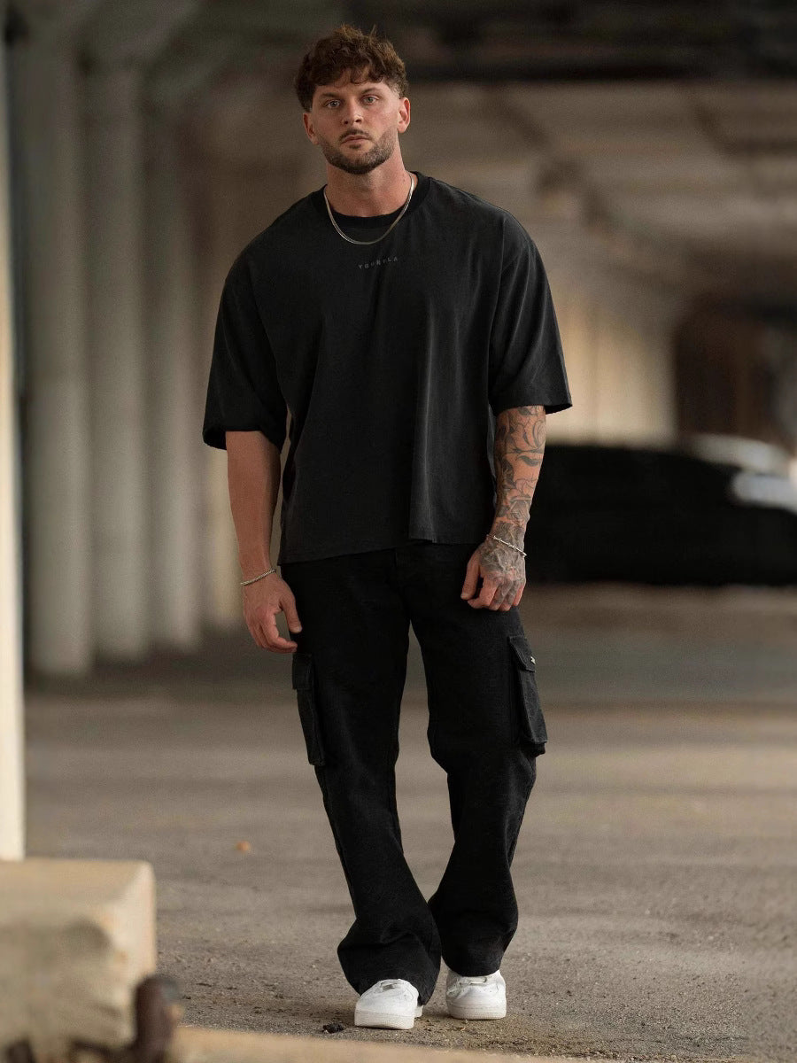 Cotton Wide Shoulder Sports T-Shirt with Printed Logo