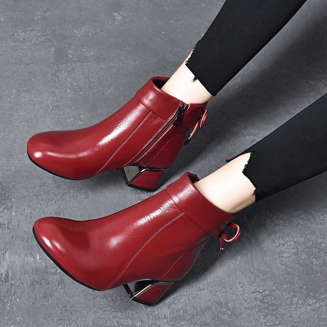 Women's Genuine Leather Chunky Heel Mid Boots