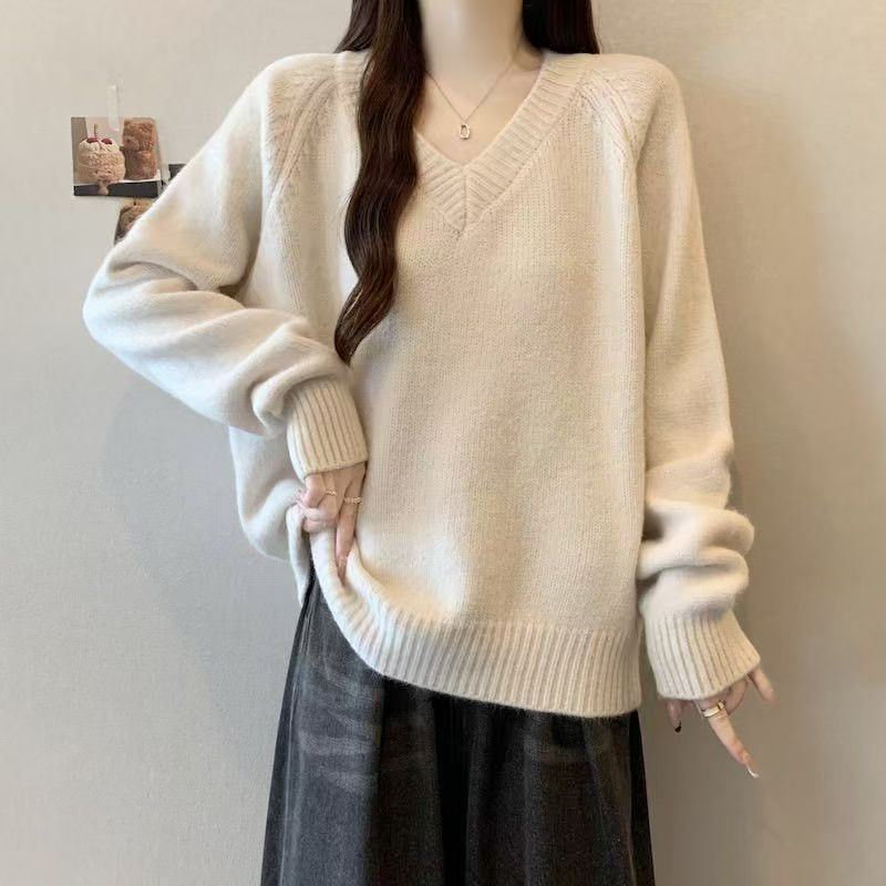 V-neck loose casual long-sleeved knitted sweater