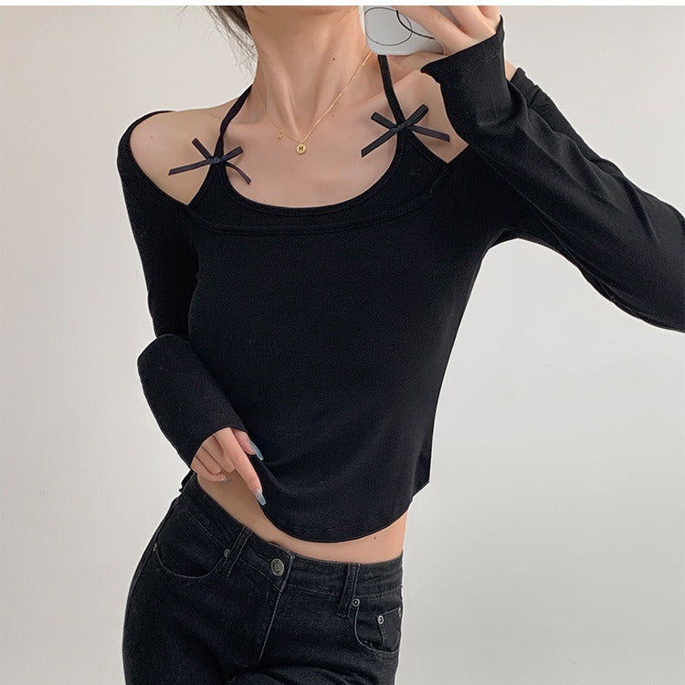 Solid-color long-sleeved bow T-shirt
