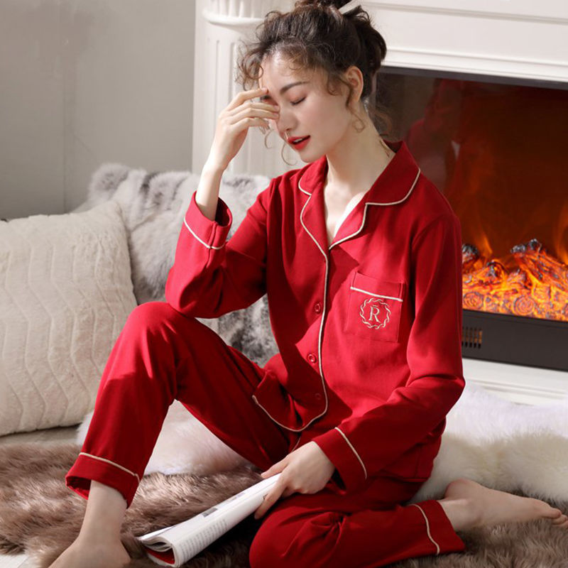 Womens Cotton Cardigan Pajama Long Sleeve Two-Piece Loungewear