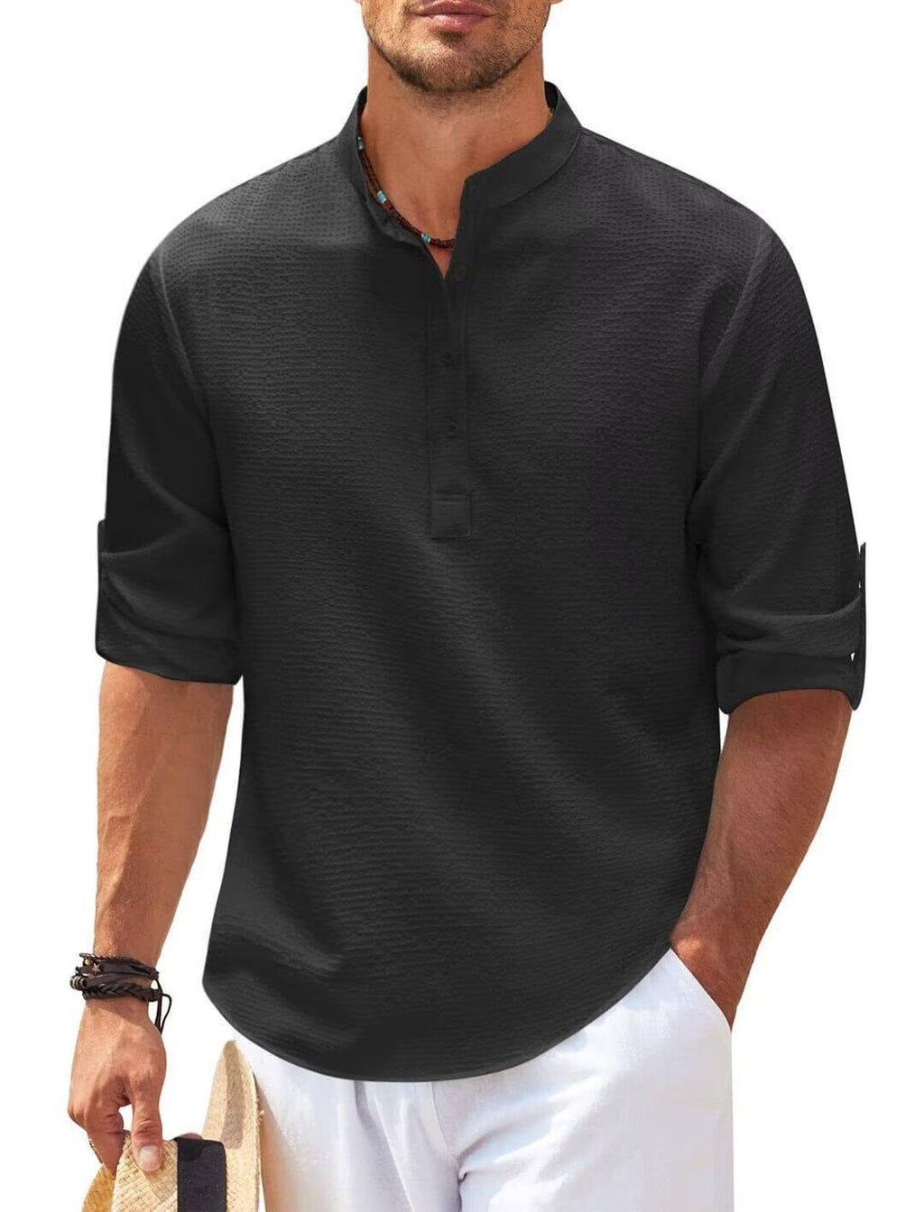 Mens Waffle Texture Long Sleeve Shirt with Stand Collar