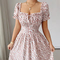 Floral Midi Dress with Square Neck and A-Line Silhouette