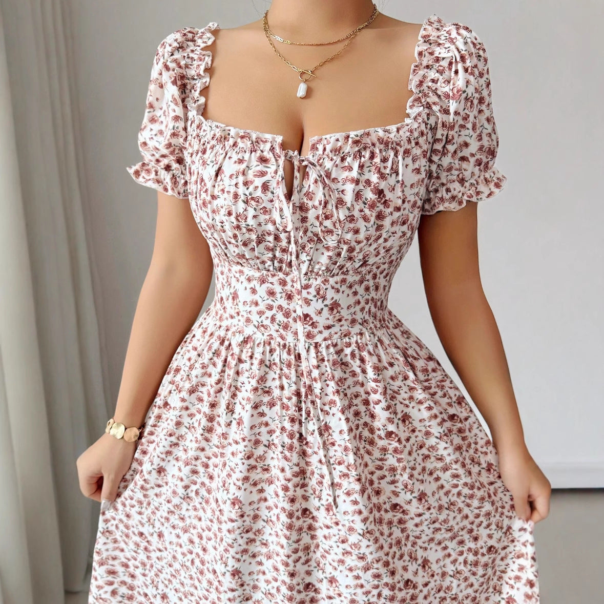 Floral Midi Dress with Square Neck and A-Line Silhouette