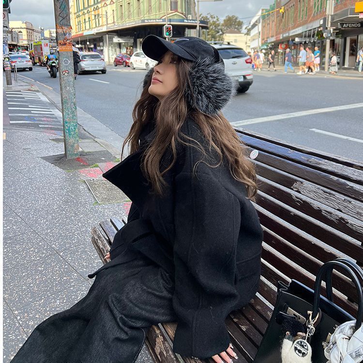 Womens Short Woolen Coat Stand-up Collar Belted Petite Coat