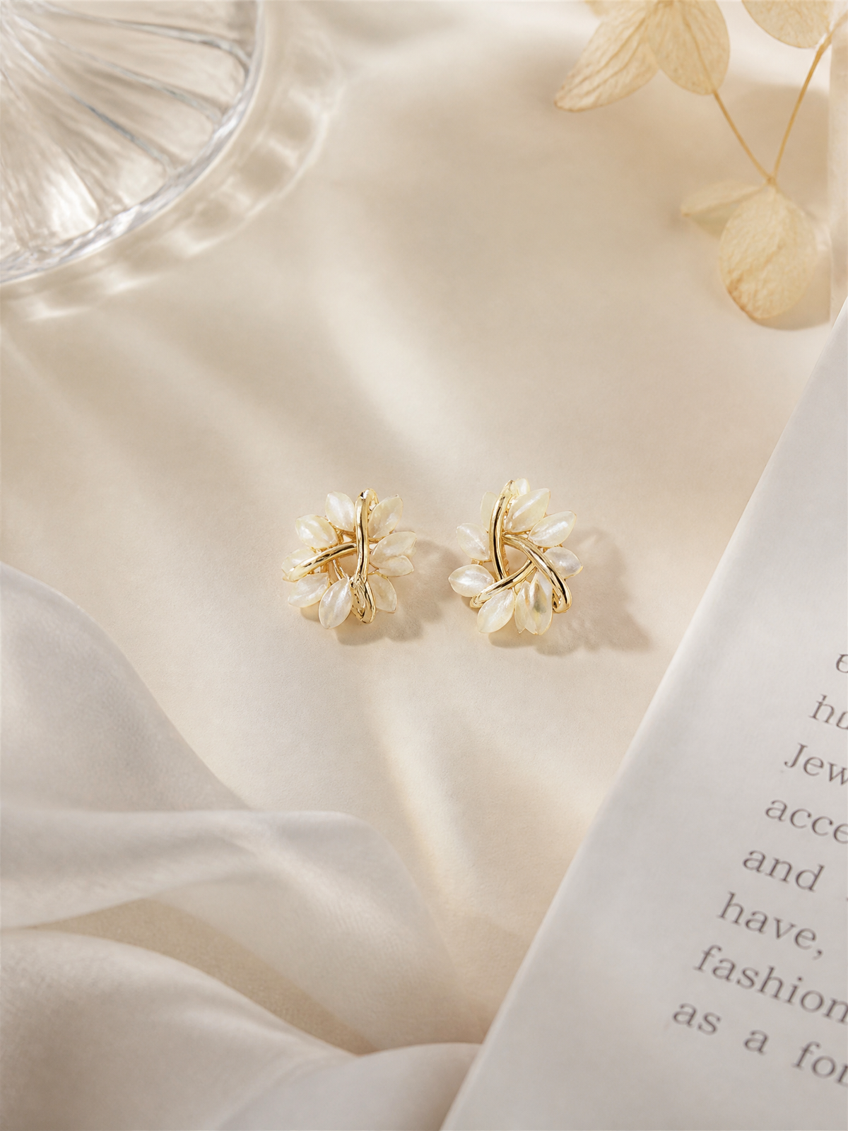 Floral Cat's Eye Stone Stud Earrings in Gold Tone