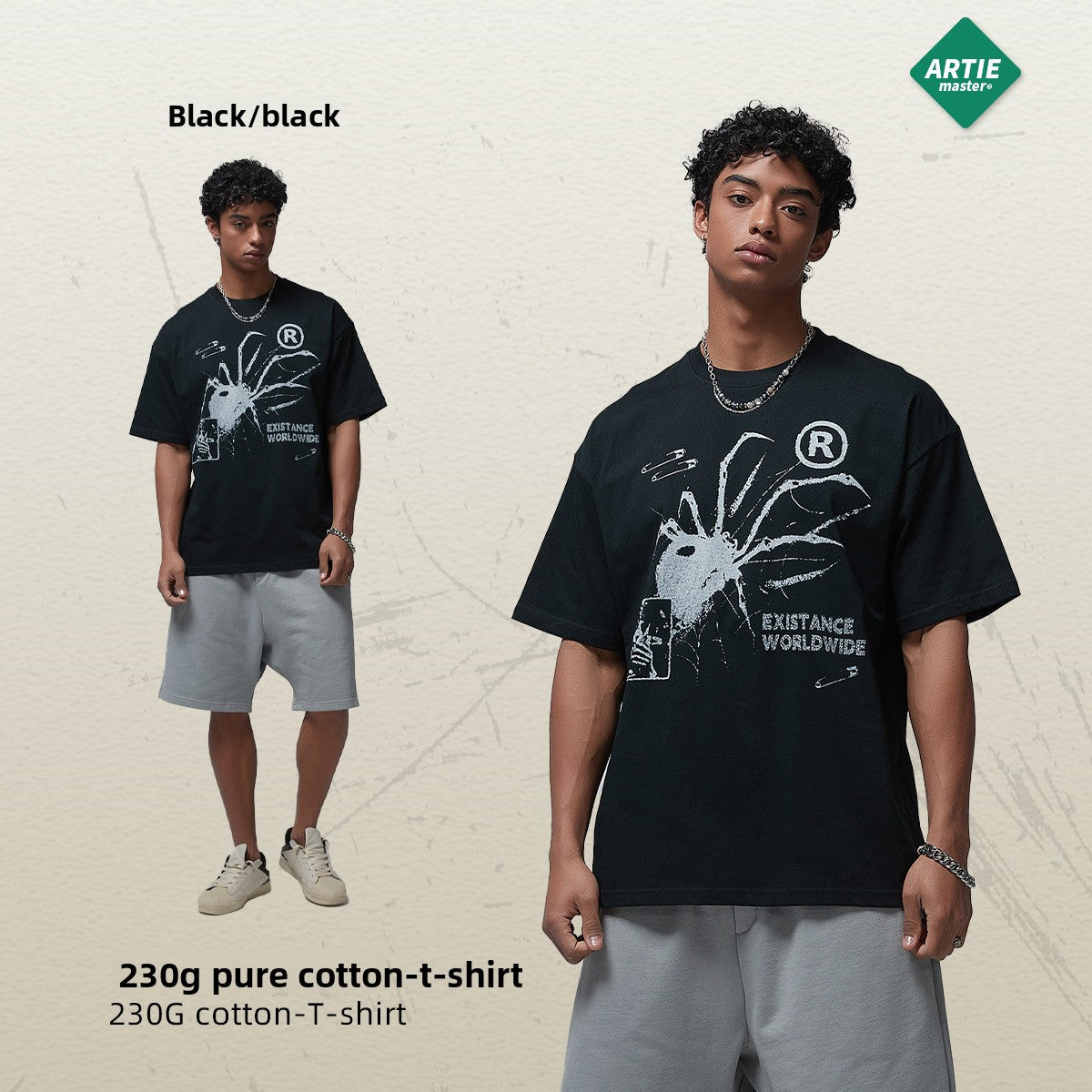 Mens Oversize Printed Cotton T-Shirt in White or Black