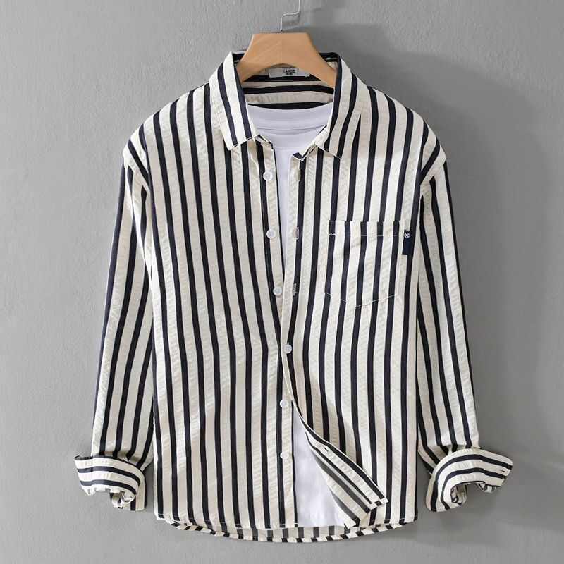 Men's Casual Long Sleeve Shirt with Korean-Style Color Block