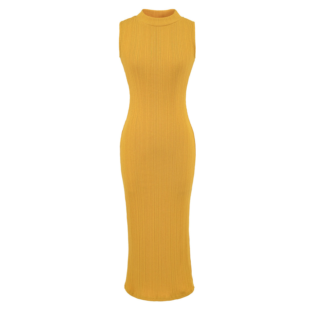 Sleeveless Ribbed Knit Dress with Slit