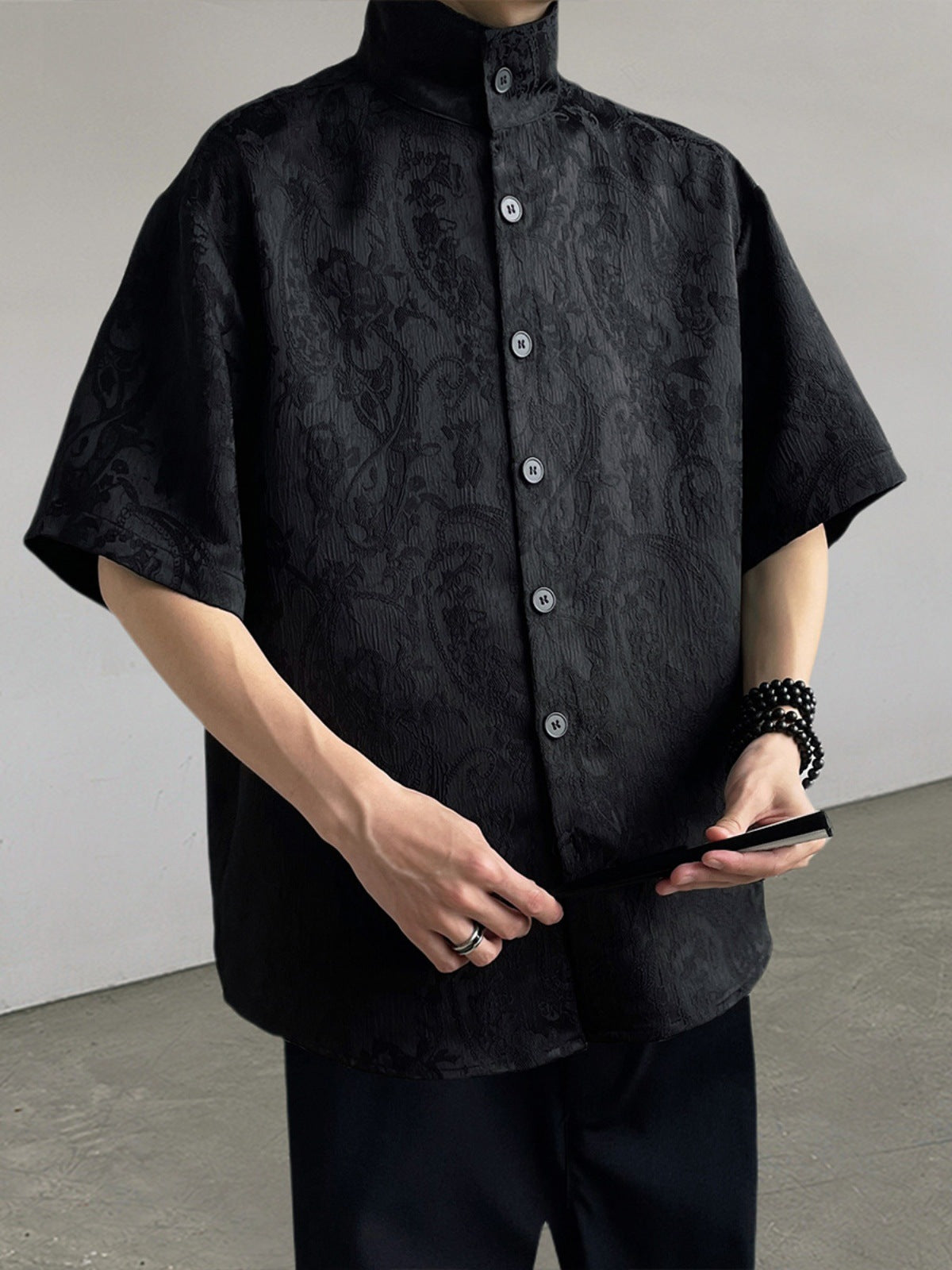 Chinese Style Embroidered Loose Fit Shirt for Men, Black