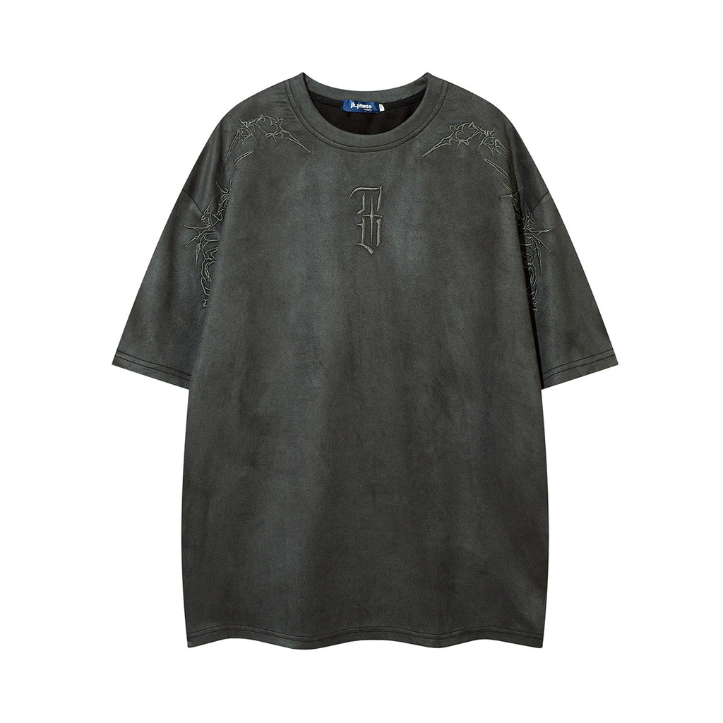 Leather-like Fabric T-Shirt with Thorns Embroidery - Loose Fit Summer Tee