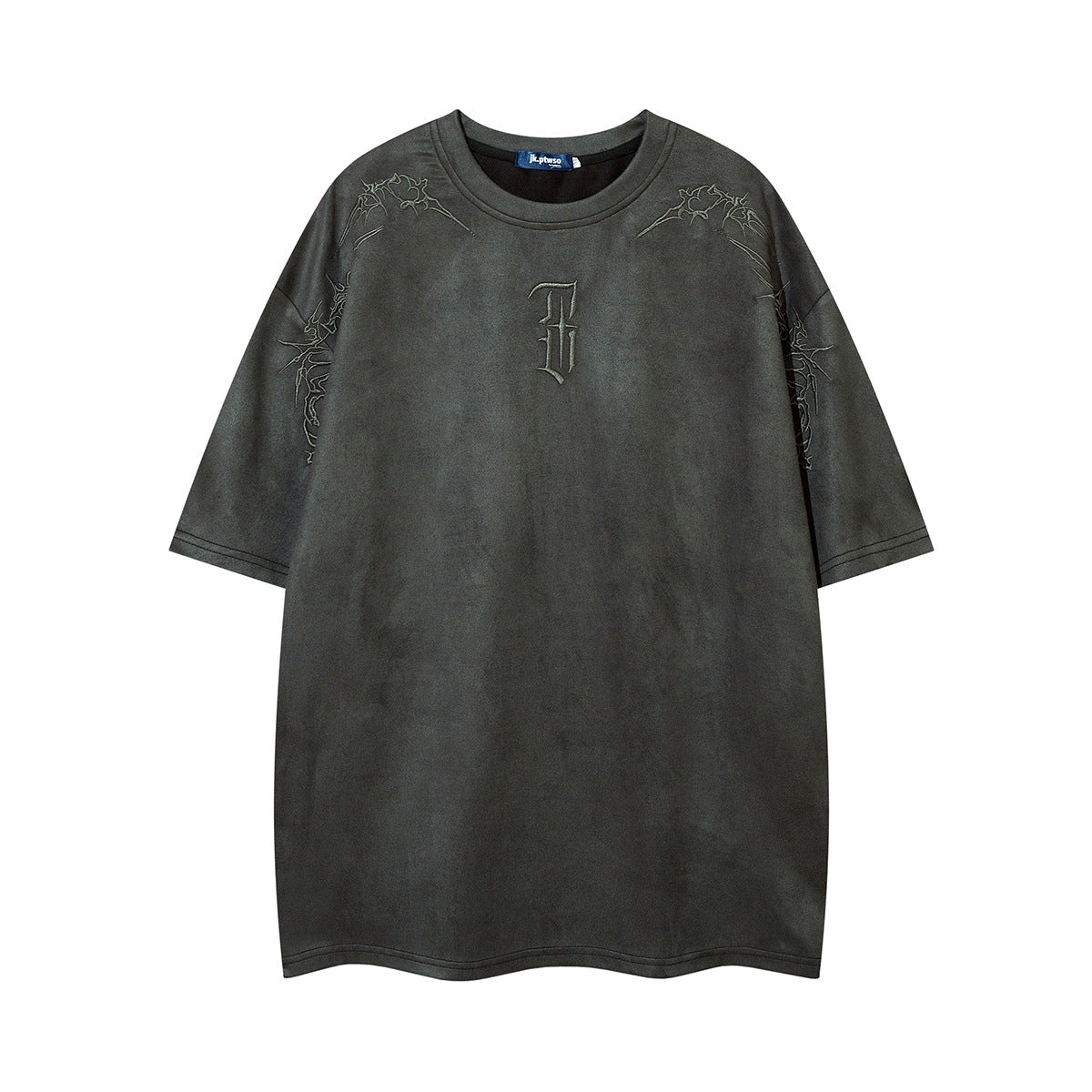 Leather-like Fabric T-Shirt with Thorns Embroidery - Loose Fit Summer Tee