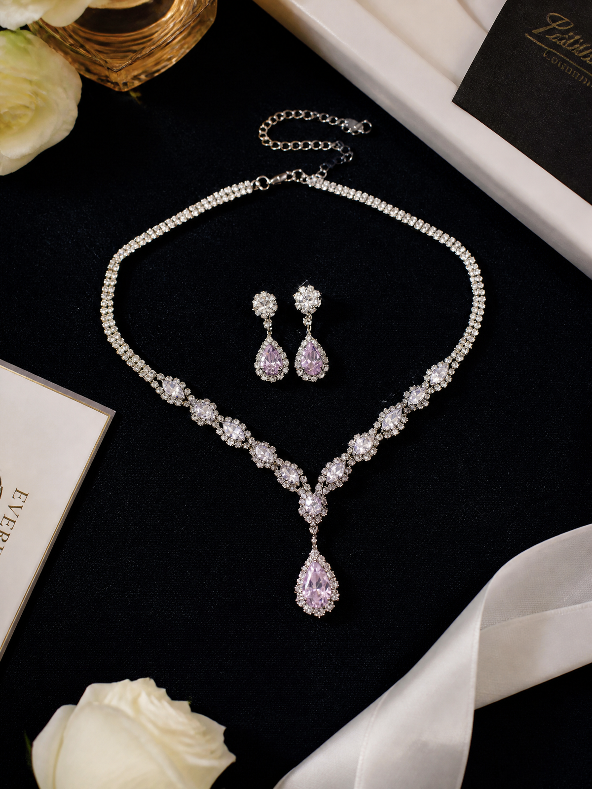 Crystalline Teardrop Necklace and Earring Jewelry Set