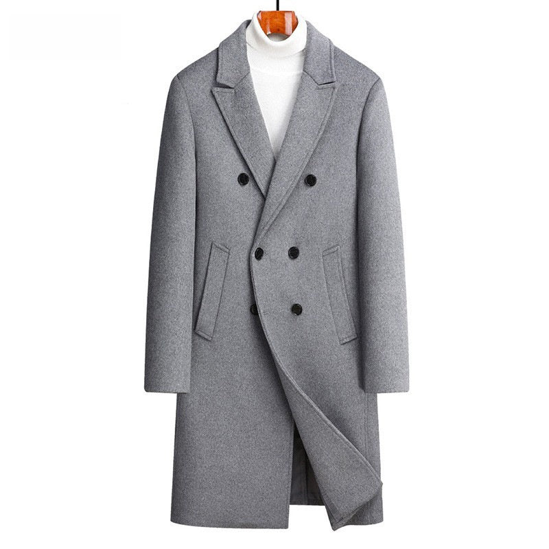 Men Woolen Coat Double Breasted Suit Collar Mid Long Jacket