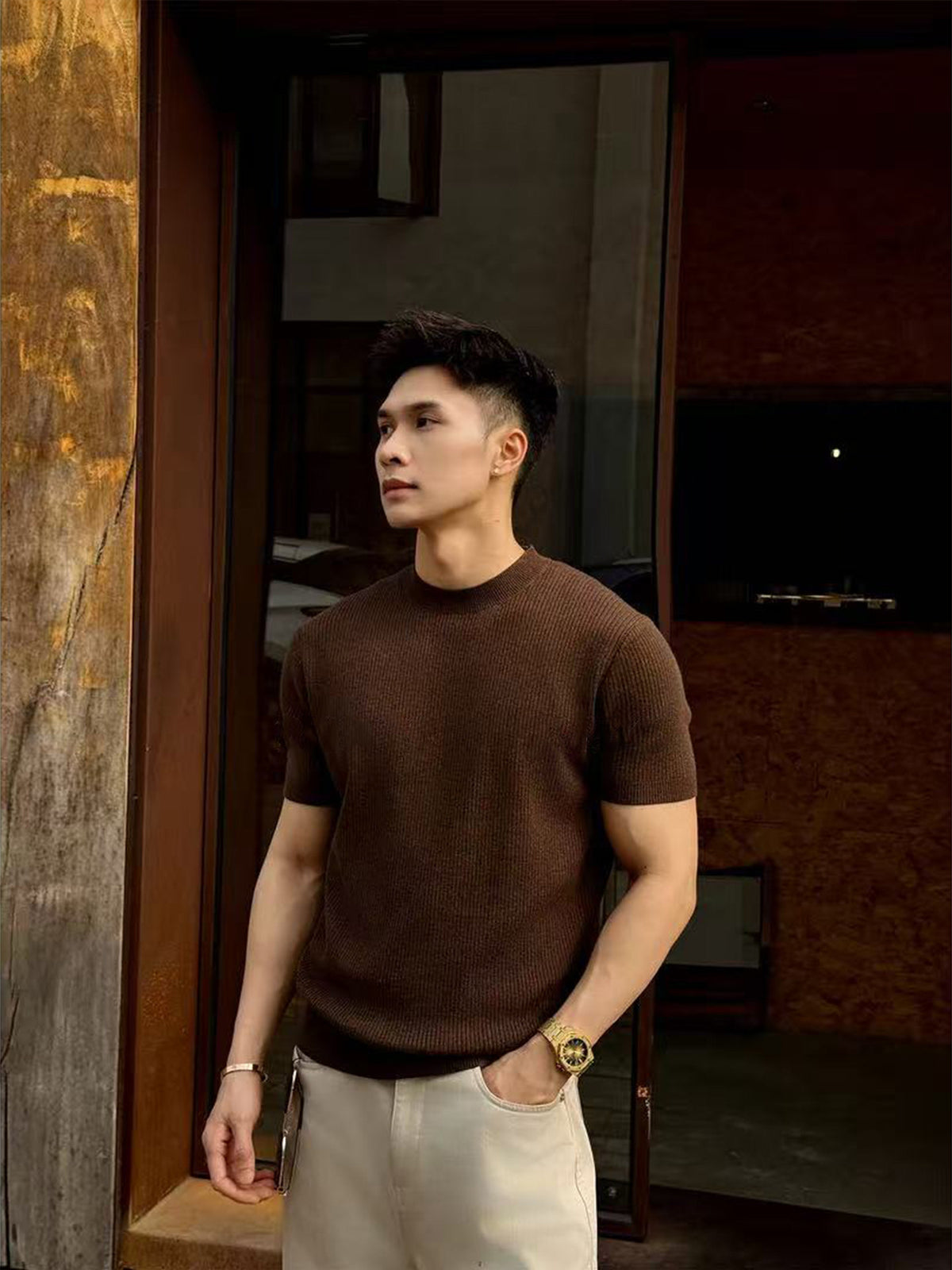 Men's Classic Round Neck Knitted Short Sleeve T-Shirt