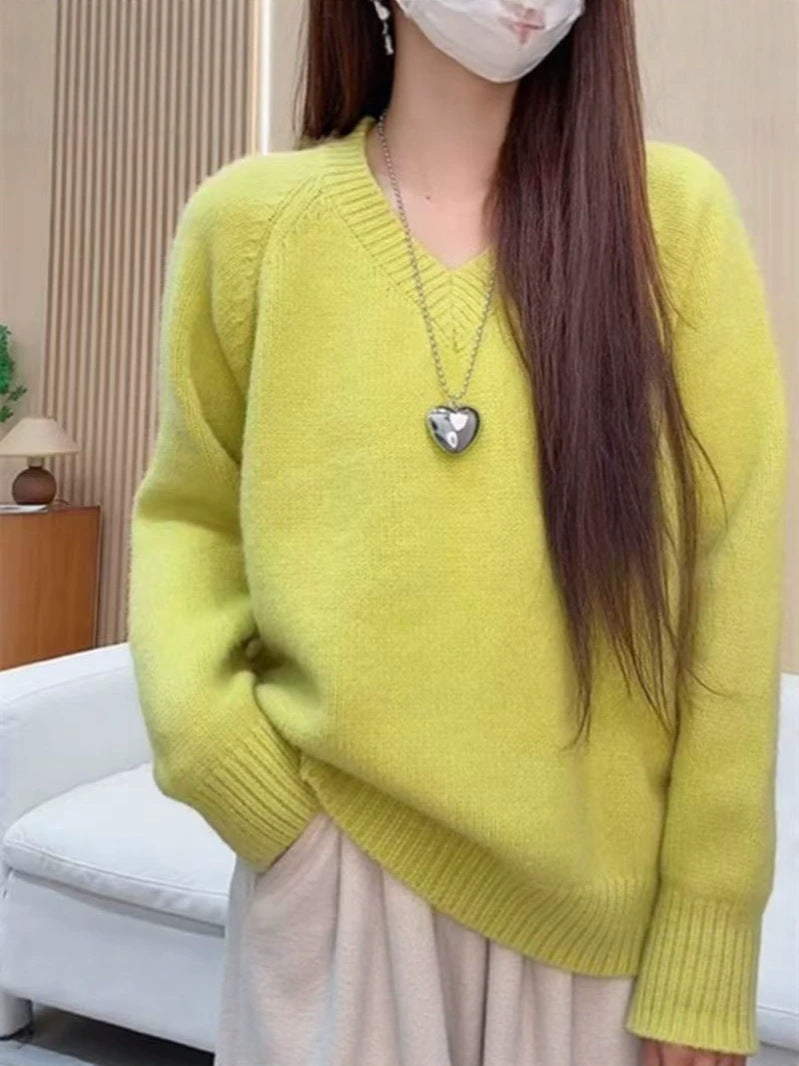 V-neck loose casual long-sleeved knitted sweater