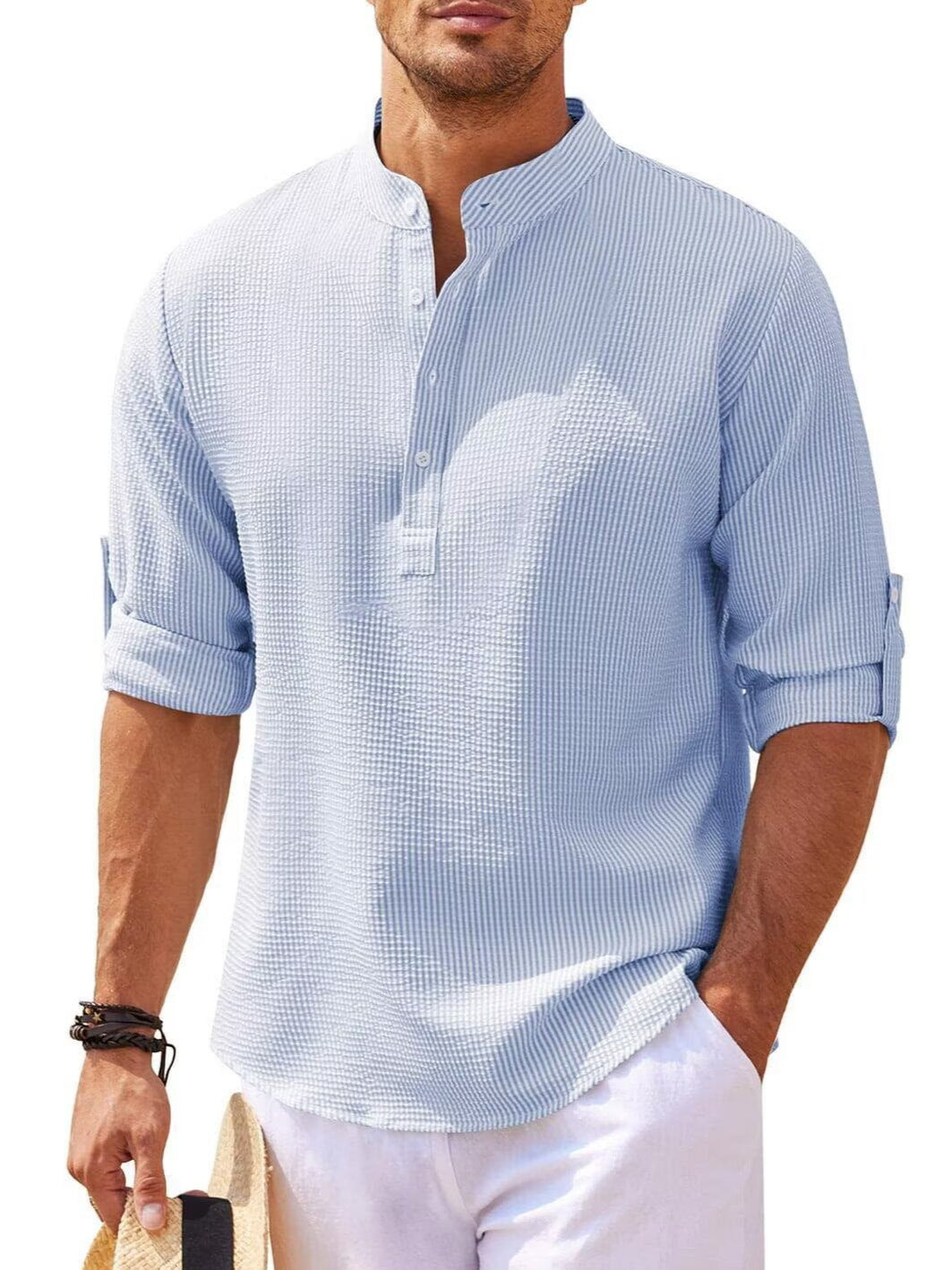 Mens Waffle Texture Long Sleeve Shirt with Stand Collar