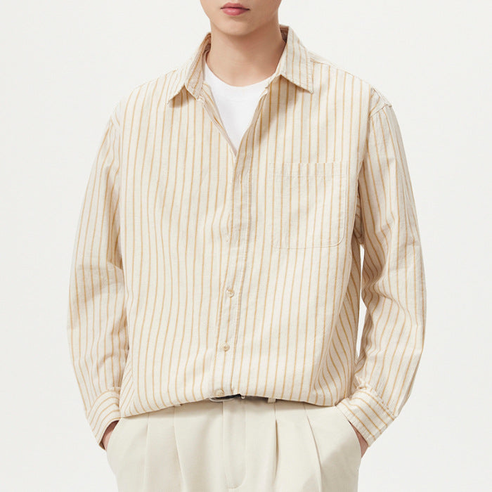 Mens Casual Linen Blend Shirt - Striped Long Sleeve Cotton Shirt