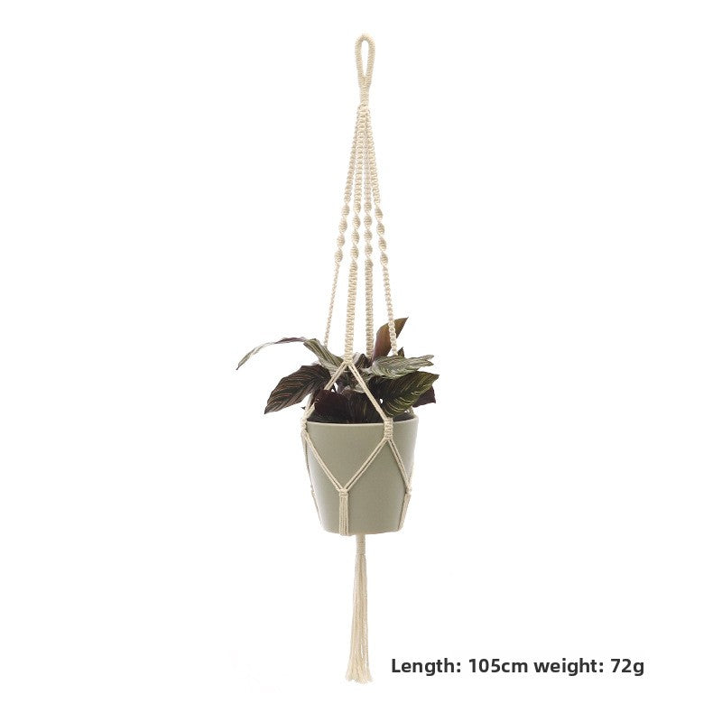 Handwoven Cotton Hanging Plant Basket with Decorative Accents