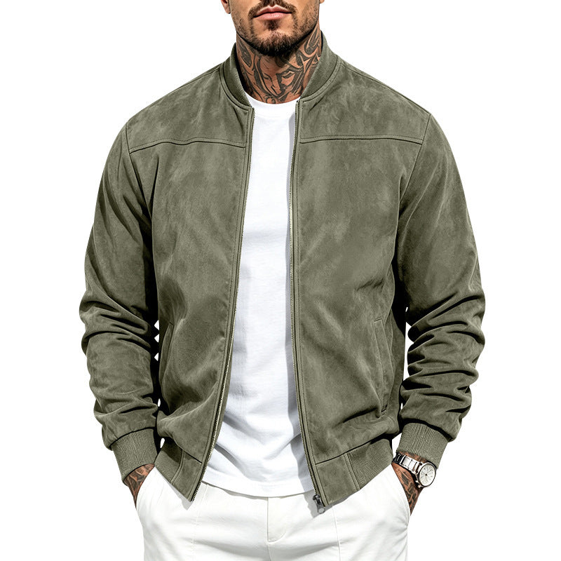 Men Casual Suede Zip Up Jacket Long Sleeve Outerwear