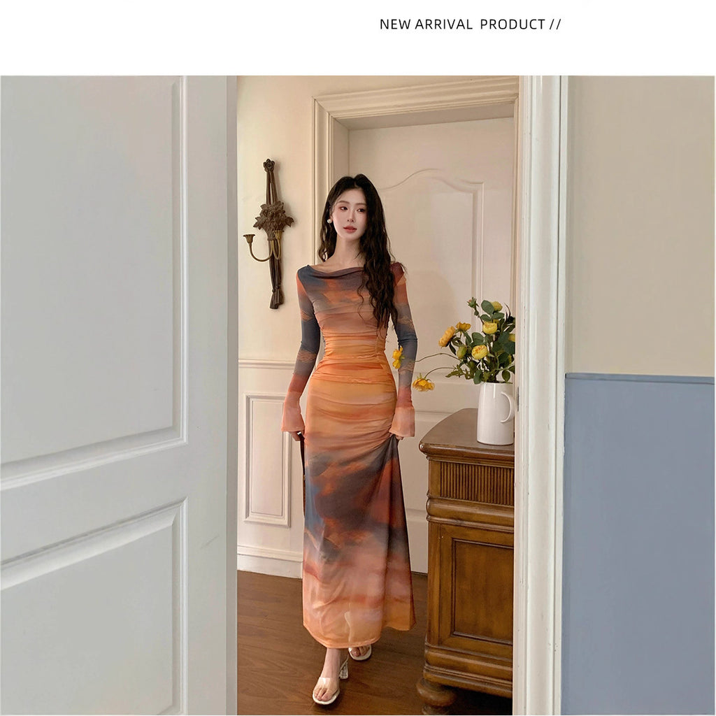 French Style Tie-Dye Printed Mesh Dress