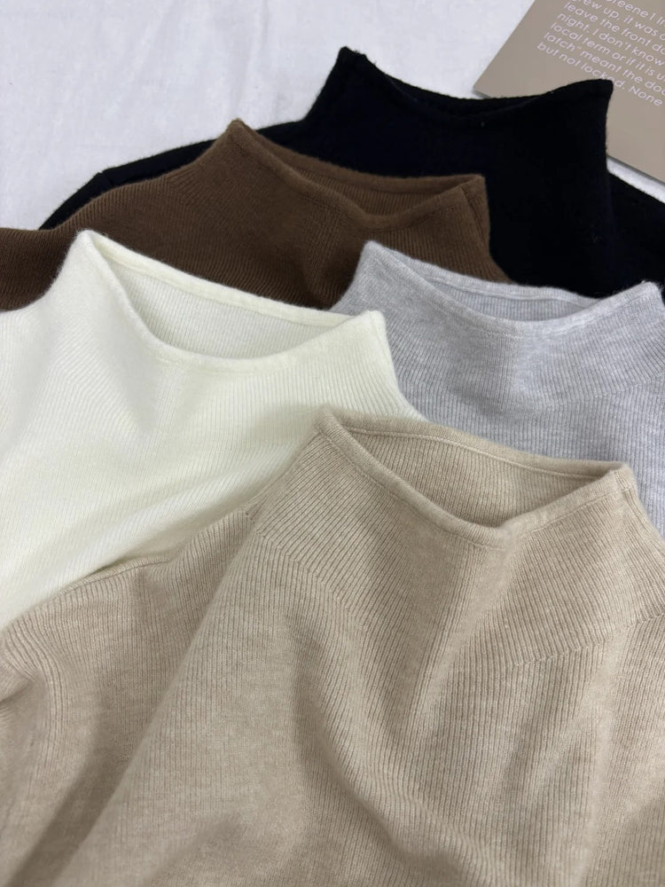 Japanese Style Knitted Sweater Women Semi-High Collar Long Sleeve Pullover