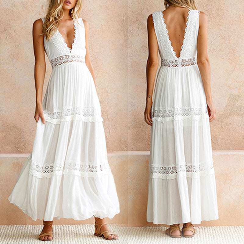 Ethereal White Lace Maxi Dress with V-Neckline