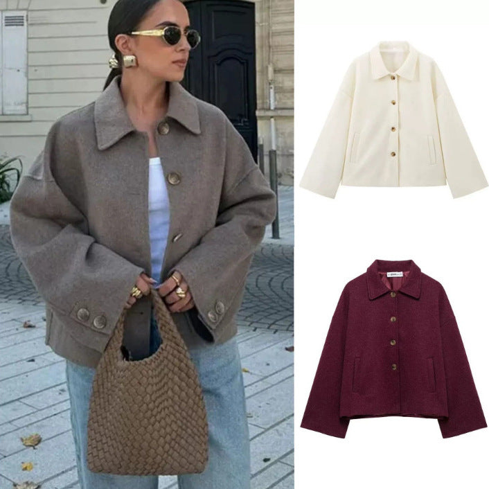 Lapel-button loose woolen coat