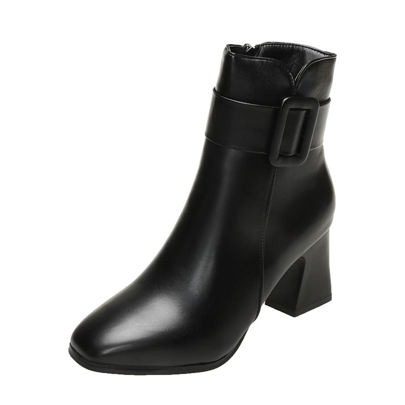 Womens PU Square Heel Ankle Boots with Side Zipper