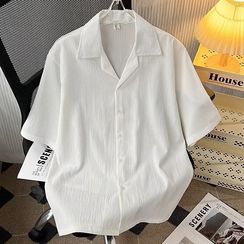Retro Cuban Collar Short Sleeve Shirt - Loose Fit Polyester