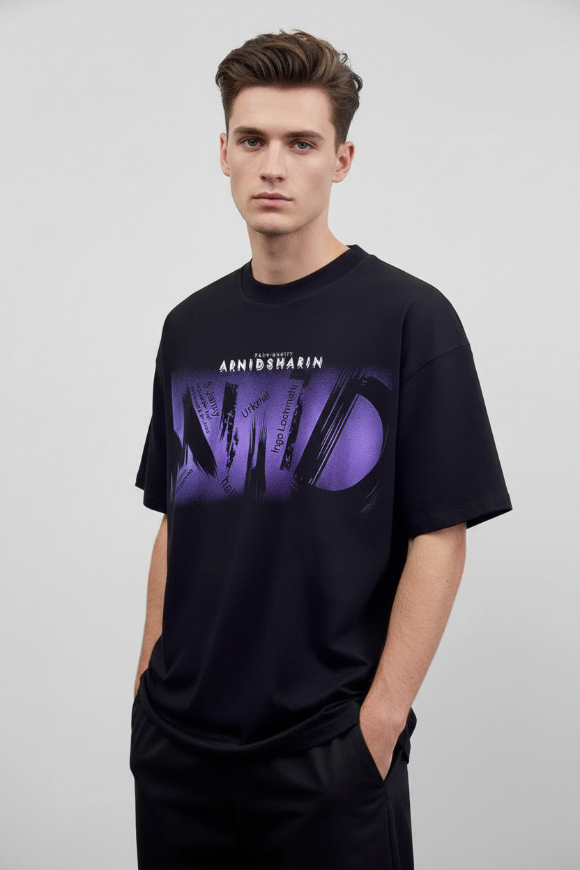 Black t-shirt with purple graphic design on a mannequin against a gray background