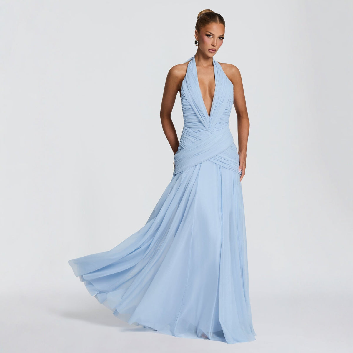 Halter Neck Chiffon Evening Dress with Mesh Skirt