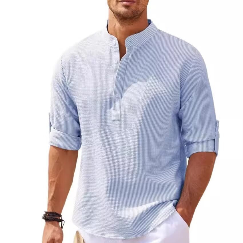 Mens Waffle Texture Long Sleeve Shirt with Stand Collar