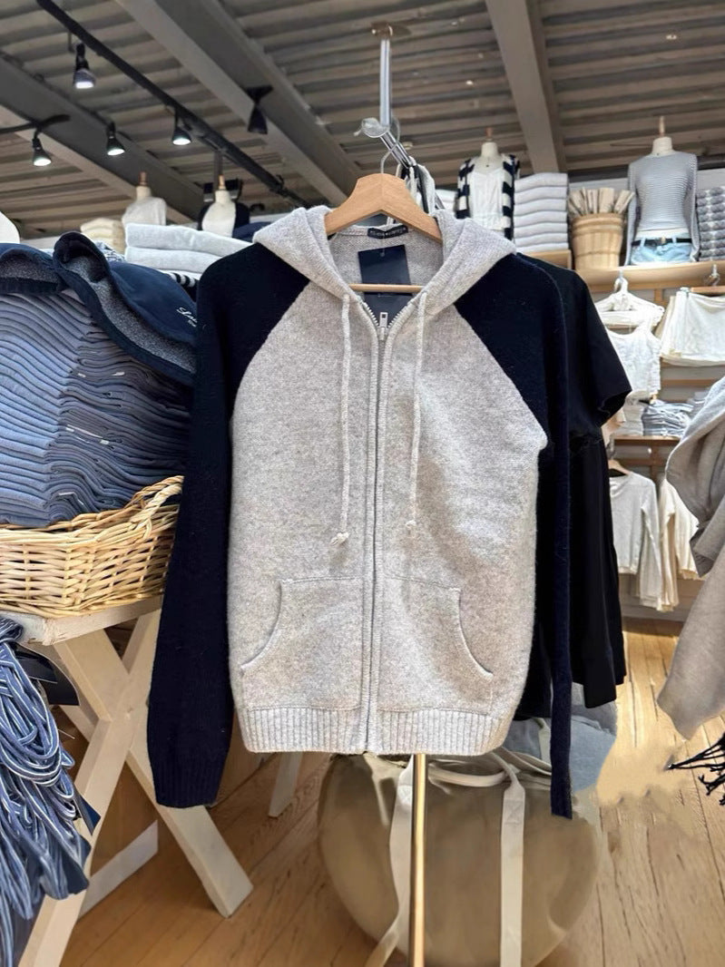 Women's multi-color shoulder-sleeved zipper hooded knitted cardigan sweater