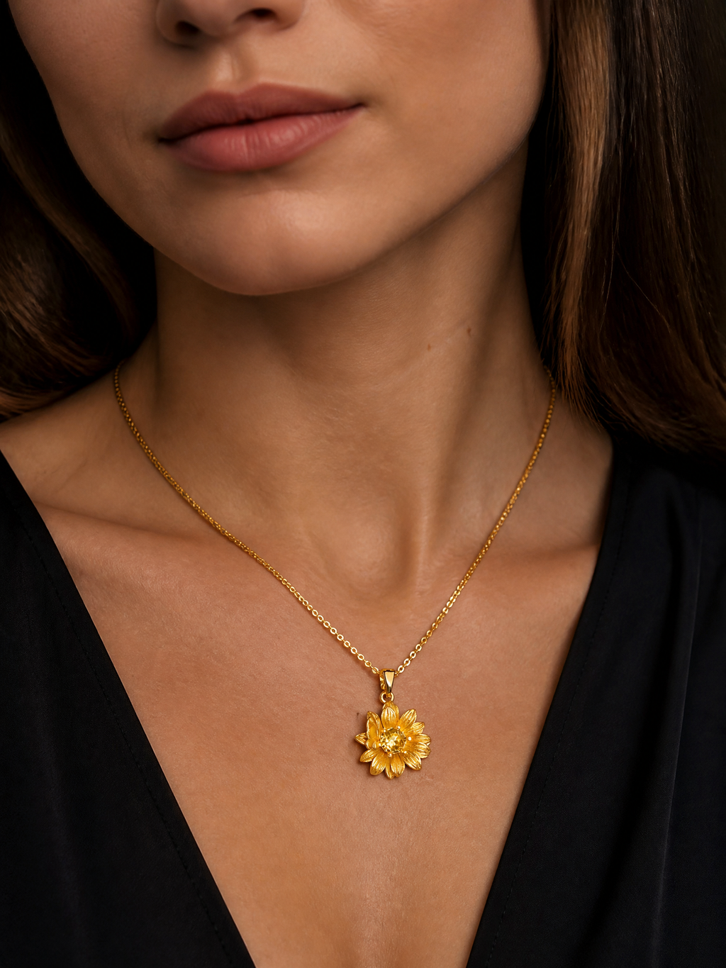 Sunflower and Butterfly Pendant Necklace in 18K Gold Plated