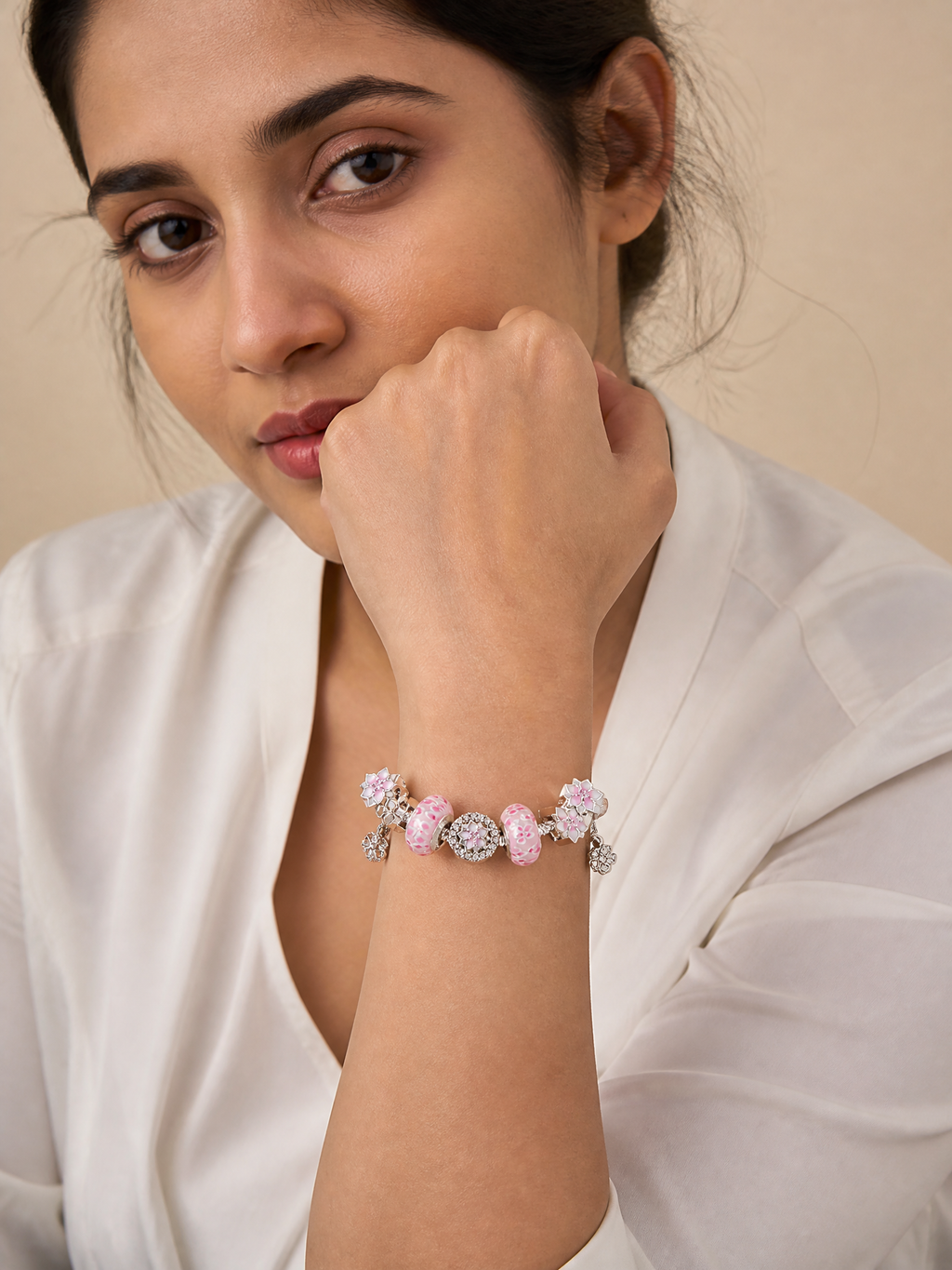 Floral Charm Bracelet in Polished Alloy with Pink Enamel Accents