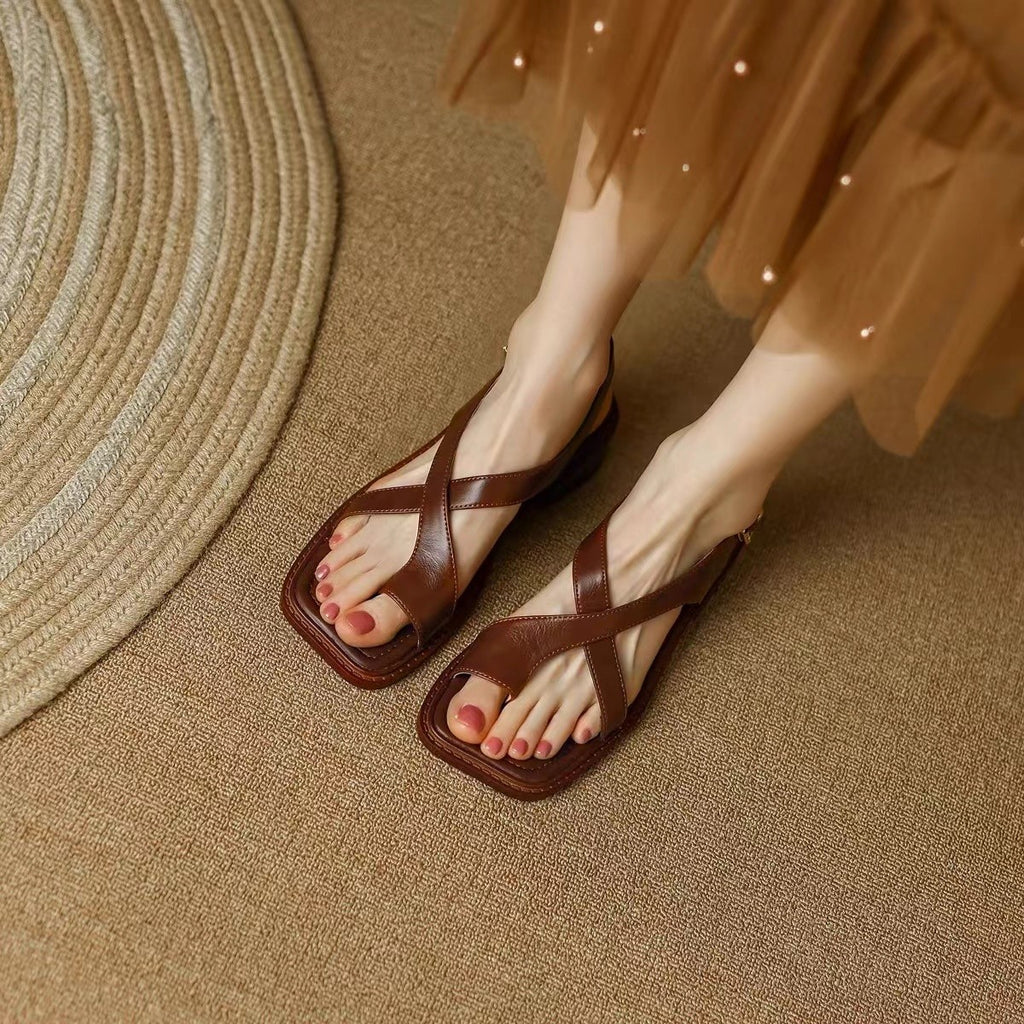 French Retro Thong Sandals Women Flat Square Toe