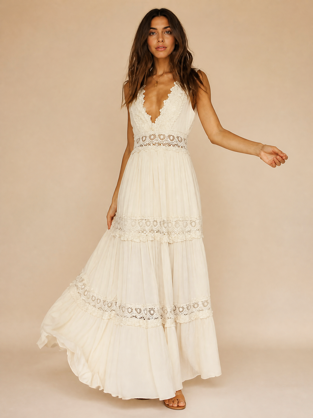 Ethereal White Lace Maxi Dress with V-Neckline
