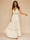 Ethereal White Lace Maxi Dress with V-Neckline