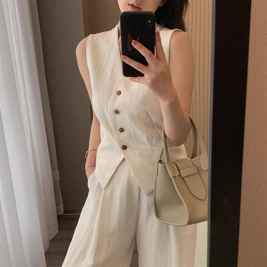 Tencel Linen Sleeveless Vest Wide-Leg Pants Set