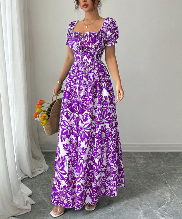 Floral Midi Dress with Square Neck and A-Line Silhouette