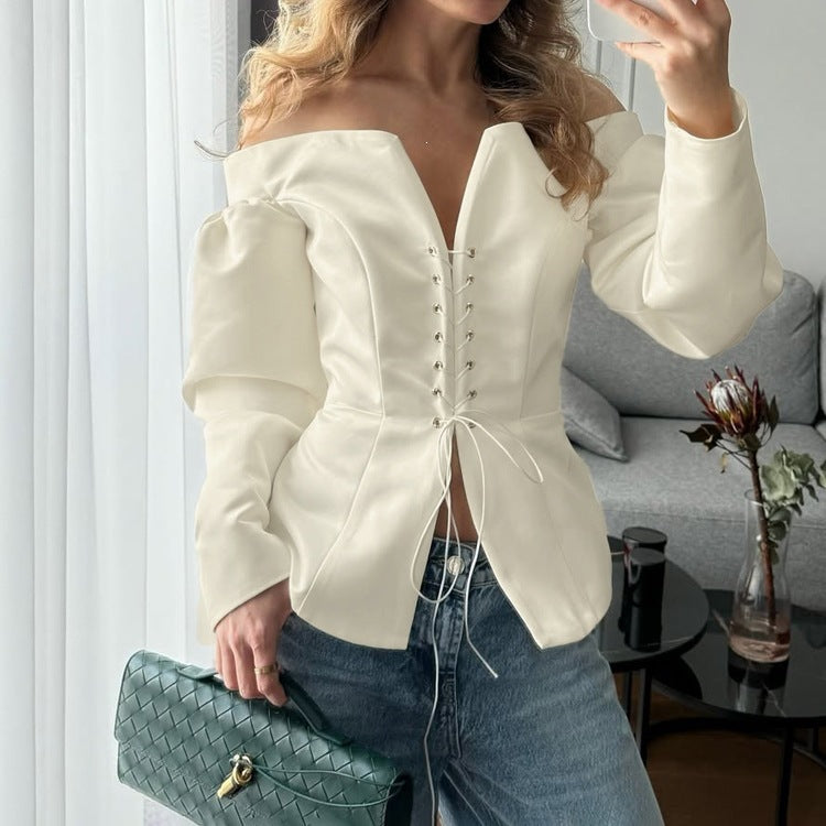 Women Sexy One Shoulder Lace Up Cardigan Top