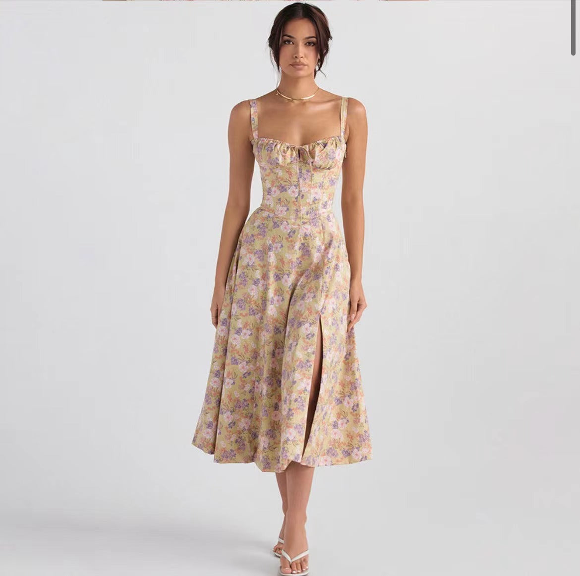 American  Hot Low-cut Sexy Digital Printed Chest Back Strap Waist Mid-length Dress